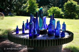 Cobalt bottles, arranged on a glass and rusty metal table. They make the shade seem even cooler, with the calming color.